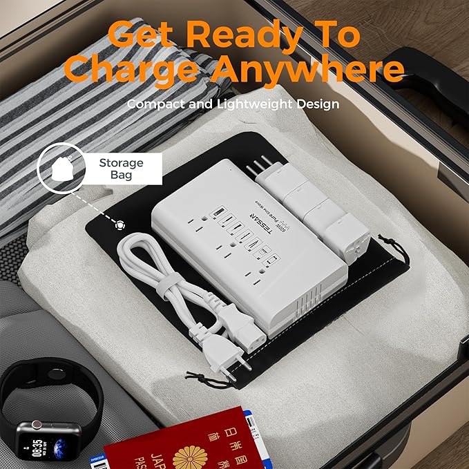 TESSAN 600W Pure Sine Wave 220V to 110V Voltage Converter US to Europe, Universal Travel Adapter with 4 USB Ports PD 35W QC 30W, EU/UK/AU/IT/India Plug Adaptor, Step Down Transformer Power Converters
