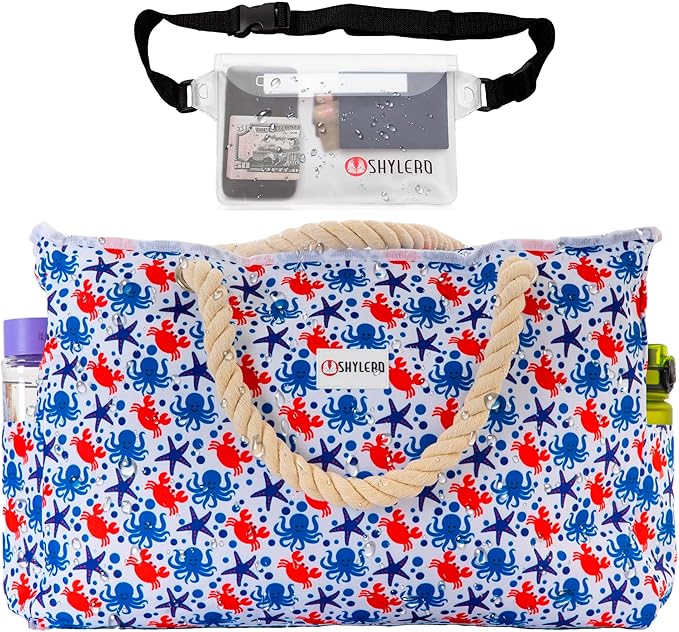 Beach Bag and Pool Bag Has Cooler Pocket, 7 Pockets Total, Zip Top. Family Size Waterproof Beach Tote