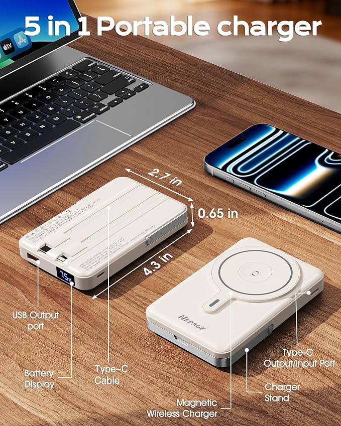 for Magsafe Portable Charger,10000mAh Magnetic Power Bank with Foldable Stand,PD22.5W Fast Charging with USB-C Cable,Wireless Portable Charger for iPhone 17/16/15/14/13/12 Series, Creamy White