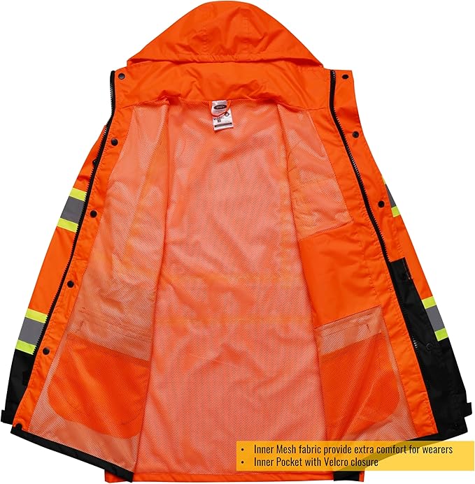 JKSafety Hi-Vis Reflective Safety Rain Jacket and Pants for Men Women Waterproof Rain Gears for Farming Fishing Work HV Rain Suit with Inner Mesh Lining and Pockets (117-Orange XL)