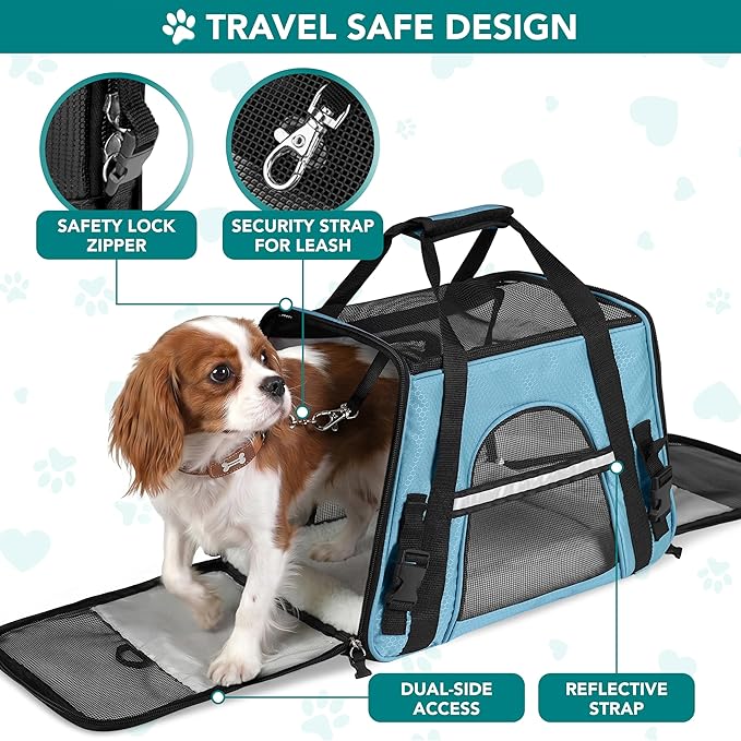 PetAmi Airline Approved Pet Carrier for Cats & Small Dogs, Soft Sided TSA Travel Carrier Bag with Sherpa Bed, Breathable Mesh Ventilation, Collapsible Bowl, Fits Under Seat, Up to 18 lbs, Large Blue