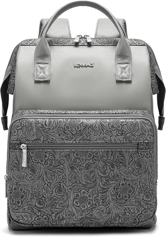 Kinmac Wide Open Style Laptop Backpack for Laptop Up to 15.6 Inch Men Women Travel Outdoor Backpack (Paisley Grey PU)