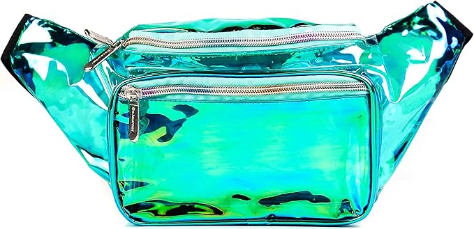 Fanny Pack Belt bag - Crossbody Waist Bag for Men or Women - Hands-Free, Waterproof Large Bumbag for Hiking, Running, and Travel (Holographic Transparent - Aqua)