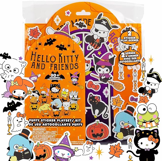 Hello Kitty and Friends Halloween Puffy Playset, Includes 30+ Stickers, 2 Play Scenes, Reusable for Kids