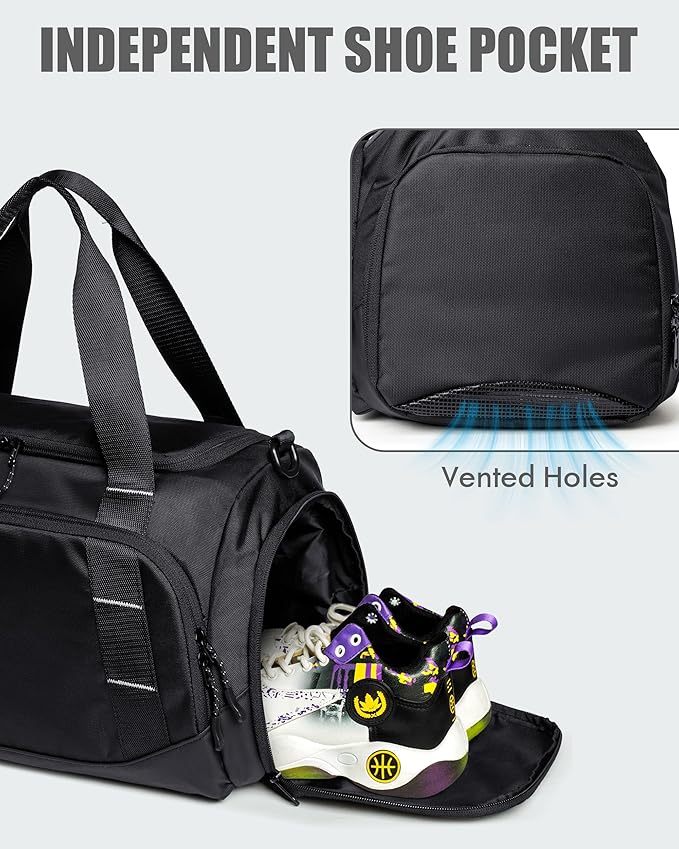 Small Gym Bag for Men, Travel Duffle Bag with Shoe Compartment, 16L Carry On Weekender Duffel Bag for Sports, Workout and Travel, Black