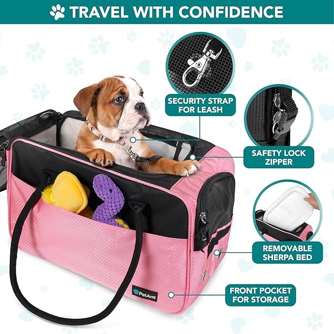 PetAmi Dog Purse Carrier for Small Dogs Cats, TSA Airline Approved Soft-Sided Pet Carrier with Pockets, Ventilated Travel Tote Bag with Bed & Shoulder Strap, Puppy Kitten, Max 12 lbs, Pink