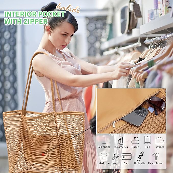 KALIDI Beach Nylon Mesh Tote Bag, Casual Tote Bag Hobo Women Foldable MAX 23L Shoulder Bag For Beach Picnic Vacation