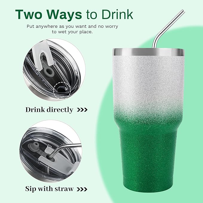 D·S 30 oz Tumbler Christmas Green Glitter Gradient Cup Stainless Steel Double Wall Vacuum Insulated Mug with Straw and Lid, Cleaning Brush for Cold and Hot Beverages