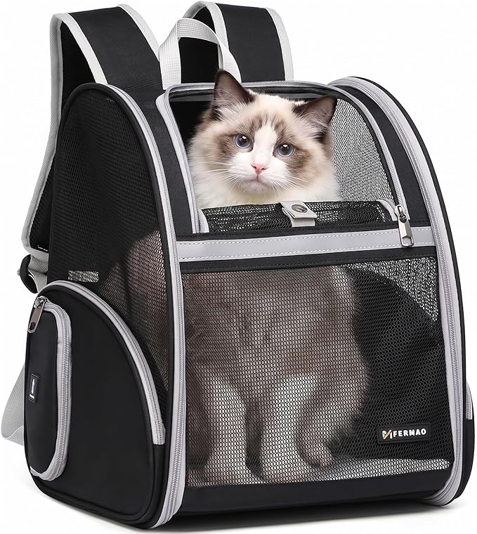 Cat Backpack Carrier for Small Dogs and Medium cat Puppy Kitten Bunny Pet Carrier Backpack Collapsible with Fully Ventilated Mesh with Safety Leash (Black, 12.9" L x 10.62" W x 15.5" H - M)
