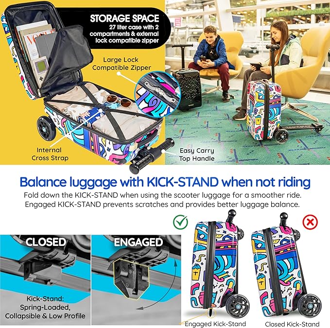 Detachable 4-in-1 Scooter Luggage for Kids – Ride-On Suitcase with Removable Luggage Body, Adjustable Handlebar, Durable Deck & Brake, Carry-On Size – Travel & Play