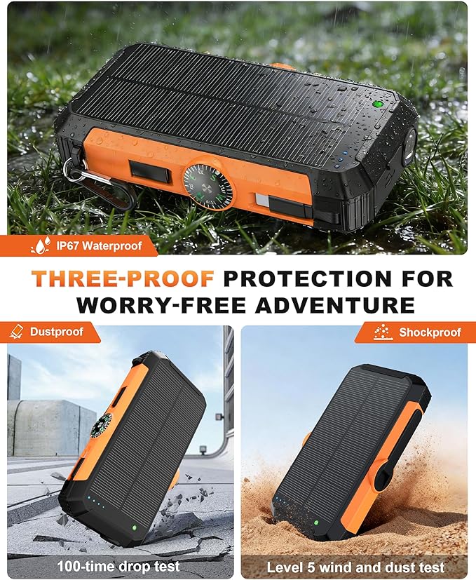 Solar Power Bank with Hand Crank and Retractable Cables, 20000mAh Wireless Portable Charger with USB-C & Camping Light, 25W Fast Charging Battery Pack for iPhone, iPad, Samsung, All Mobile Phones