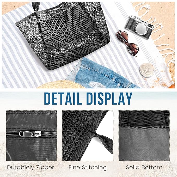HOHOM Beach Bags for Women, Summer Travel Mesh Tote Bag with Large Inner Pocket, Sandproof Woven Shoulder Handbag