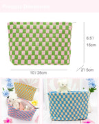PAZIMIIK Knitted Checkered Makeup Bag Large Zipper Make Up Accessory Pouch for Purse Cosmetic Brush Bag for Travel Essential Pink Green