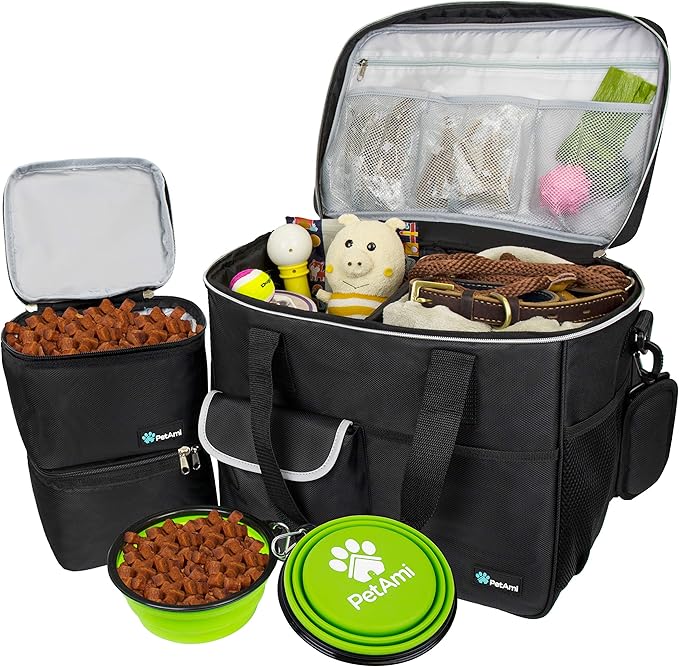 PetAmi Dog Travel Bag, Travel Pet Bag Organizer, Dog Food Travel Bag with Container Collapsible Bowls, Pet Travel Supplies Gift Accessories for Weekend Camping, Puppy Cat Diaper Bag, Black Large