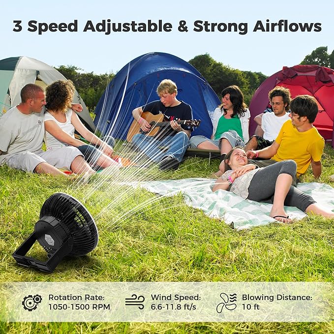 Portable Camping Fan with LED Lantern, 24HRS Running 8inch Rechargeable Tent Fan, Powerful 3-Speed 180° Rotate with Hook, Quiet for Outdoor RV Travel Fishing Hurricane Emergency Power Outage