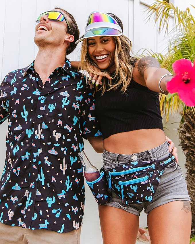 Tipsy Elves Midnight Fiesta Fanny Pack w/Drink Holder - Festive Black Belt Bag - Flexible Secure Attached Beverage Holster