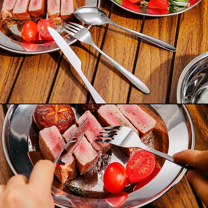 Odoland 29pcs Stainless Steel Utensils Camping Mess Kits with Bowls Plates Cups Forks Spoons and Knives for 4, Camping Cutlery Set for Backpacking, Outdoor Hiking and Picnic