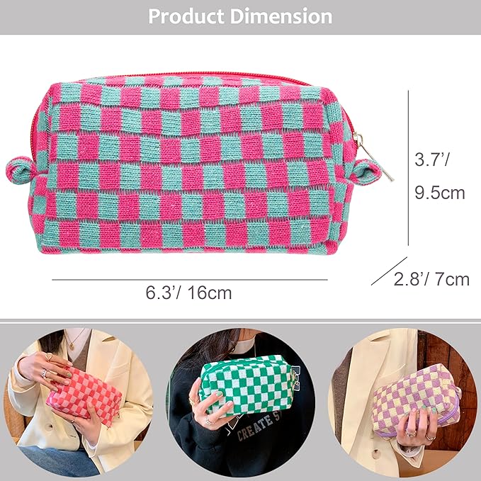 PAZIMIIK Checkered Makeup Bag for Purse Portable Zipper Make Up Pouch Small Cosmetic Case for Travel Accessories (2PCS Magenta Green)