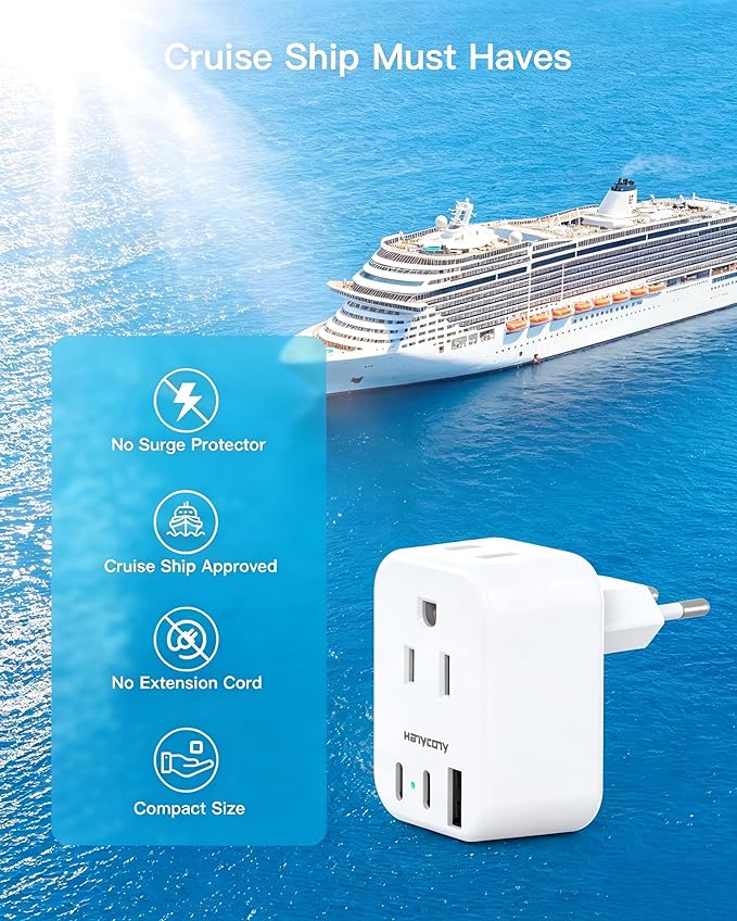 HANYCONY European Plug Adapter, US to Europe Power Adapter with 2 Outlets & 3 USB Ports (2 USB C), Type C Travel Adapter for Italy, Spain, France, Germany, Greece, Iceland, Essentials for Cruise Ship