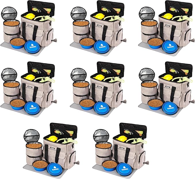 8-Pack – Dog Travel Essentials Kit – Food Storage, Bowls, Mat & Poop Bag Dispenser – Institutional Pet Supply Set