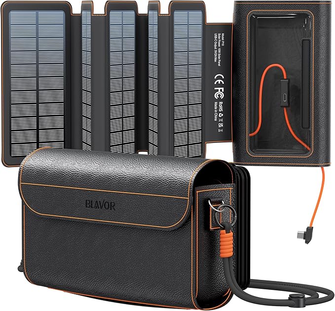 BLAVOR Portable Foldable Solar Charging Pack with Built-in USB-C Cable & Crossbody Lanyard, Plus Solar Charger Power Bank 10,000mAh, 20W PD, Waterproof, Orange for Outdoor Camping Hiking Backpacking