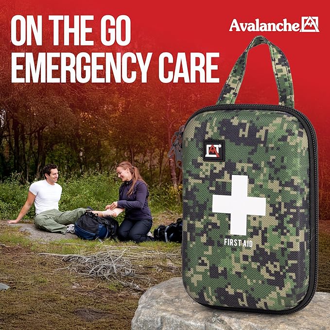 Avalanche 53 Pieces First Aid Kit, Compact Emergency Supplies Kit for Home, School, Car, Travel, Sports or Camping in Hard Shell Foam Case, Portable Mini First Aid Kit, Camo