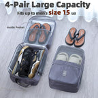 Shoe Bags for Travel Holds 4 Pair of Shoes, Shoe Storage Pouch with 2 Pack Portable Bags, Waterproof & Washable, Grey & Large