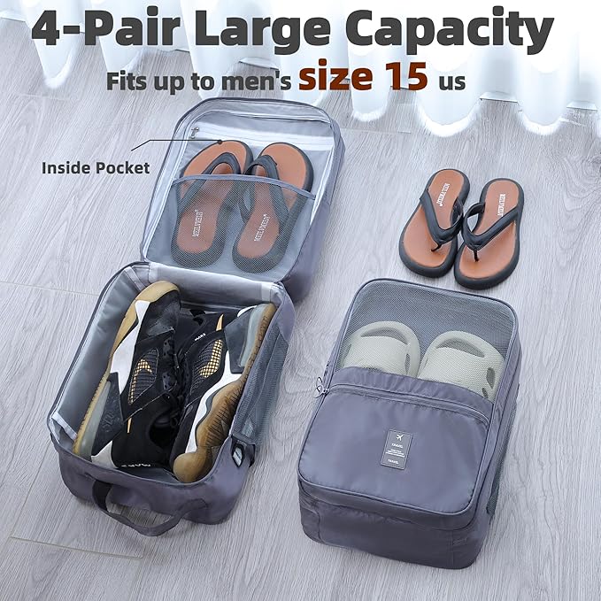 Shoe Bags for Travel Holds 4 Pair of Shoes, Shoe Storage Pouch with 2 Pack Portable Bags, Waterproof & Washable, Grey & Large