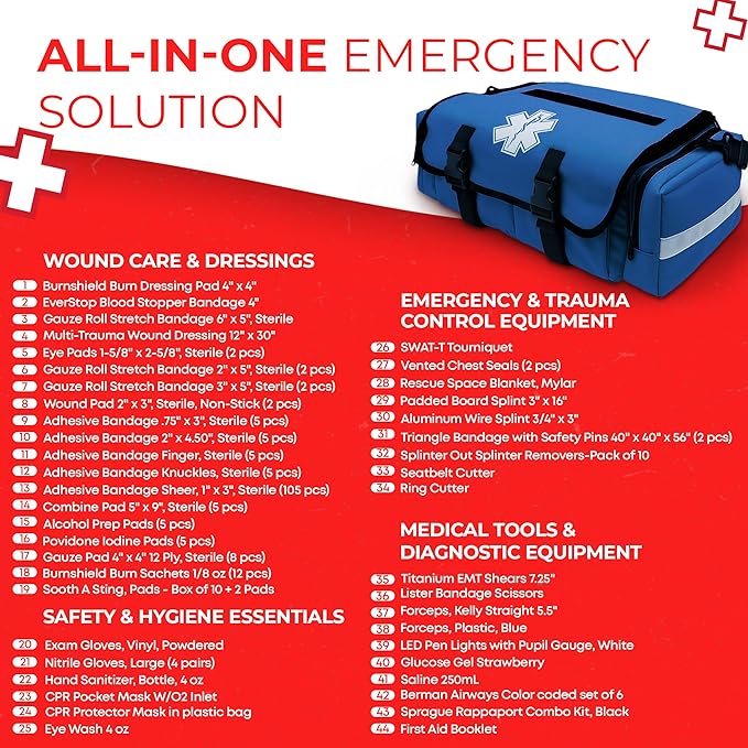 Fully Stocked EMT Trauma Bag – Tactical First Responder Medical Kit with Tourniquet, Chest Seals, Bleeding Control, Gauze, Shears & Bandages – Navy Blue
