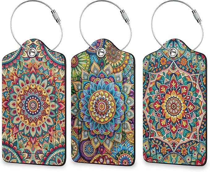 Abstract Mandala Flower Luggage Tags for Suitcase 3 Pack, Leather Bag Tags Identifiers with Privacy Name Address Labels and Durable Steel Loop for Men Women Backpack