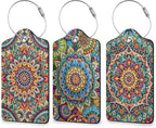 Abstract Mandala Flower Luggage Tags for Suitcase 3 Pack, Leather Bag Tags Identifiers with Privacy Name Address Labels and Durable Steel Loop for Men Women Backpack