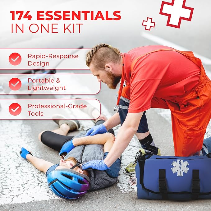 Fully Stocked EMT Trauma Bag – Tactical First Responder Medical Kit with Tourniquet, Chest Seals, Bleeding Control, Gauze, Shears & Bandages – Navy Blue