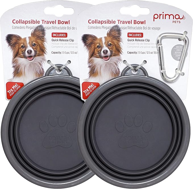 Prima Pet Collapsible Silicone Water Travel Bowl with Clip for Dog and Cat, Portable and Durable Pop-up Feeder for Convenient On-The-go Feeding - Size: Small (1.5 Cups) Grey -2 Pack
