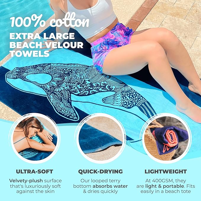 Nova Blue Orca Beach Towel (34 X 63) – Navy & Blue Colorway with Tropical Whale Design Travel Beach Towels Made from 100% Cotton – Vibrant Colorful Blanket Towel – Extra Large