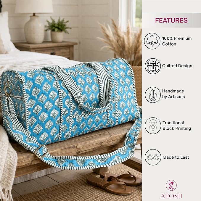 ATOSII Handblock Print 100% Cotton Large Quilted Duffle Bag for Overnight Trip, Travel Weekend Bag, Luggage, 2 Pockets with Zipper, 1 Front Pocket, Detachable Long Strap, 20 X 10 X 12 Inches, Nilo