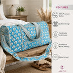 ATOSII Handblock Print 100% Cotton Large Quilted Duffle Bag for Overnight Trip, Travel Weekend Bag, Luggage, 2 Pockets with Zipper, 1 Front Pocket, Detachable Long Strap, 20 X 10 X 12 Inches, Nilo