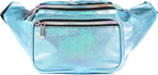 Holographic Fanny Pack Belt bag - Crossbody Waist Bag for Men or Women - Hands-Free, Waterproof Large Bumbag for Hiking, Running, and Travel (Blue Glitter)