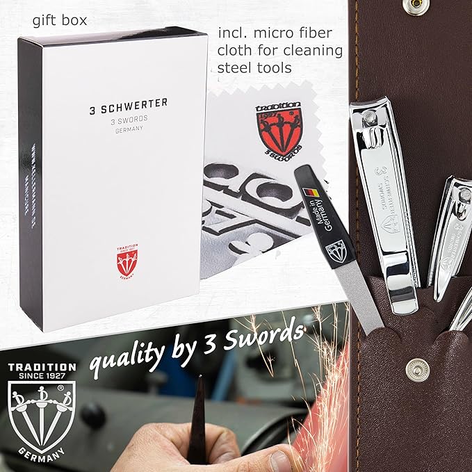 3 Swords Germany - Brand Quality 4 piece Manicure Pedicure Grooming kit Set for Professional Finger & Toe Nail Care Tweezers File Clipper Brown Synthetic Leather case - Made by 3 Swords