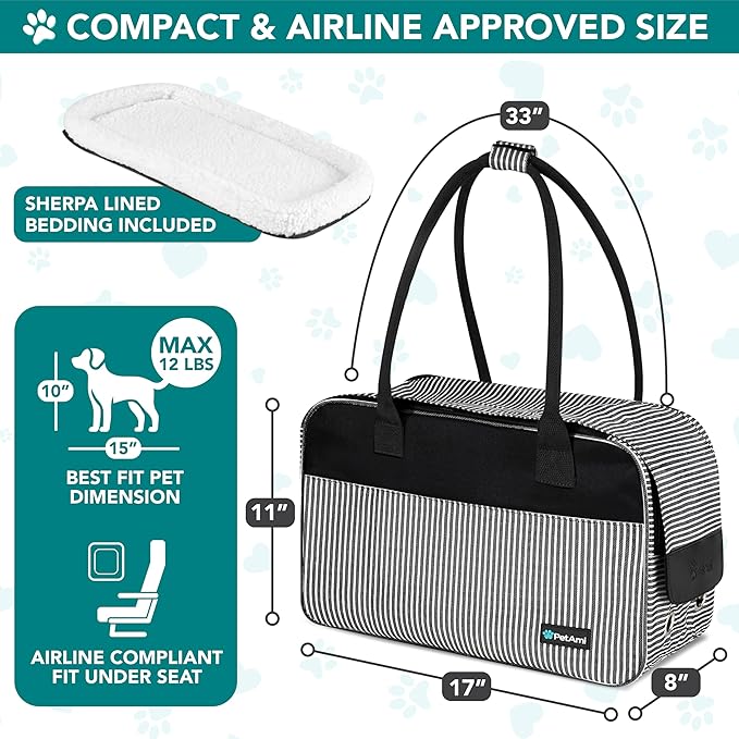 PetAmi Dog Purse Carrier for Small Dogs Cats, TSA Airline Approved Soft-Sided Pet Carrier with Pockets, Ventilated Travel Tote Bag with Bed & Shoulder Strap, Puppy Kitten, Max 12 lbs, Stripe Black