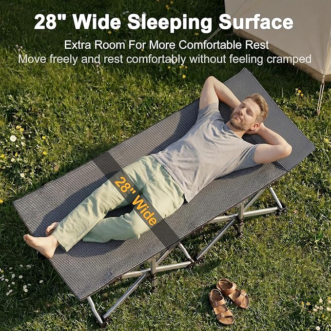 ABORON Camping Cot for Adult 28" Extra Wide, Heavy-Duty 1200D Oxford Cot for Sleeping, Portable Folding Camp Bed with Mat & Carry Bag