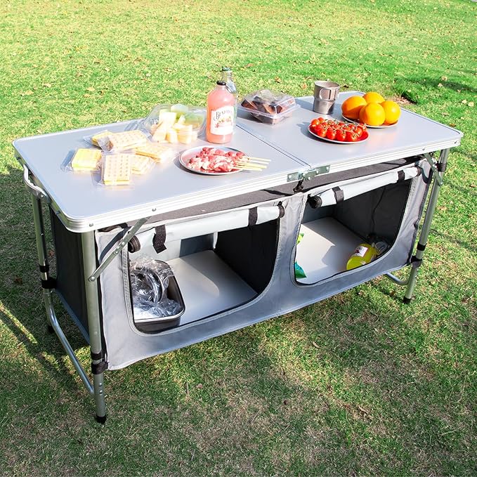 JOUYEK Camping Table, Folding Camping Table with Storage, Portable Kitchen Table, Lightweight, 3 Heights Adjustable Camping Furniture for BBQ, Picnic, Camping, Hiking, Beach, and Indoor