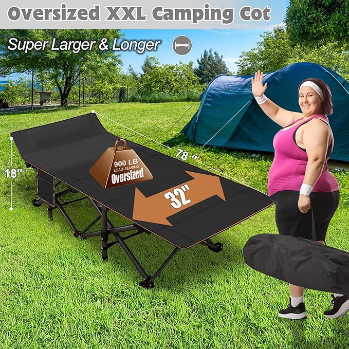 ABORON XXL Camping Cot for Adults 900LBS - 78"×32" Oversized Folding Bed with Mattress Pad, Heavy Duty 1200D Oxford Outdoor Cot with Carry Bag