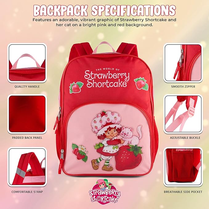 AI ACCESSORY INNOVATIONS Strawberry Shortcake Backpack for Girls Bookbag featuring Strawberry Shortcake & Custard, 15 Inch School Bag, Pink