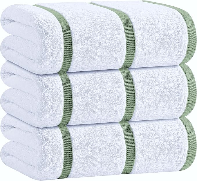 White Classic Cotton Pool Towels Oversized 35 x 70 Inches, Ultra Absorbent and Low Lint Striped Beach Towels for Adults, Stripes Design Luxury Extra Large Bath Towels, Green, 3 Pack