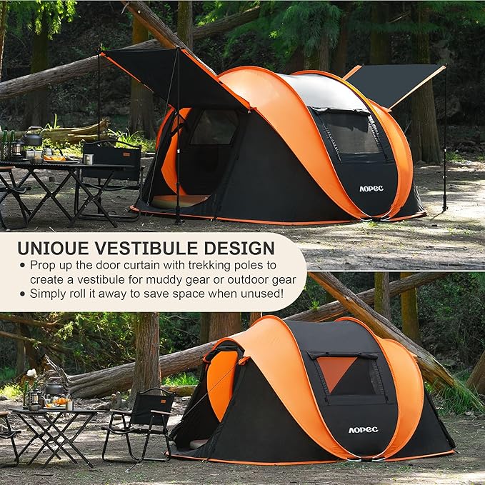 Pop Up Camping Tent, 2/4/6 Person Instant Tent Waterproof PU4500mm, Spacious Ventilated Camping Tent with Front Porch, Quick Setup Lightweight Portable for Outdoor Camping Hiking Beach