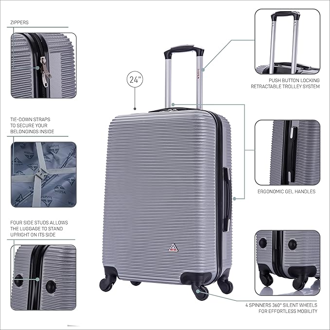 InUSA ROYAL Hardside Spinner Luggage with Ergonomic Handles | Spacious Travel Suitcase with Four Spinner Wheels and Studs | 24 Inch Medium Spinner Luggage | Silver