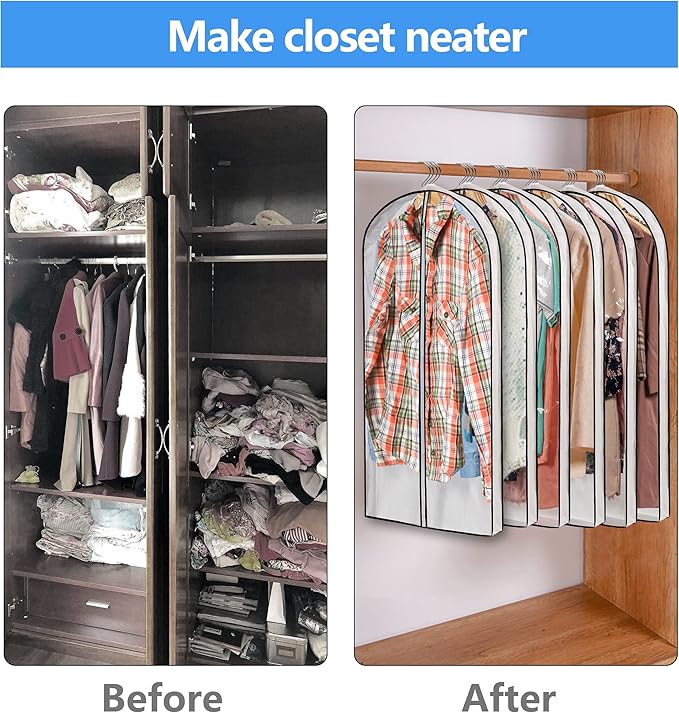 Mskitchen Hanging Clothes Storage with 4" Gusseted Garment Covers (Set of 6) - Clear Suit, Dress, Sweater, Shirt Protectors - 24"x 40"x 4" / 6 Pack