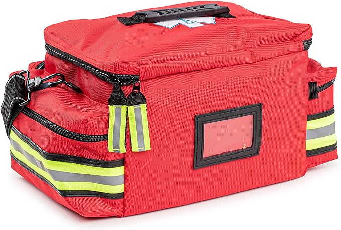 Scherber First Responder Fully-Stocked Professional Essentials EMT/EMS Trauma Kit | HSA/FSA Approved | Reflective Bag w/8 Zippered Pockets & Compartments & 200+ First Aid Supplies - Red