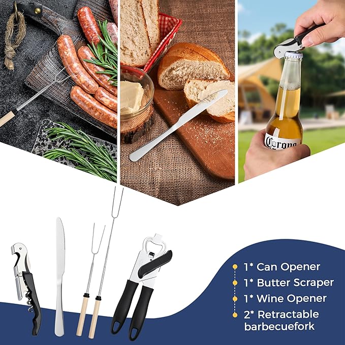 THTYBROS Portable Camping Kitchen Utensil 34 Pcs Set- Cookware Kit, Stainless Steel Outdoor Cooking and Grilling Utensil Organizer Travel Set Perfect for Travel, Picnics, RVs, Camping, BBQs, Parties
