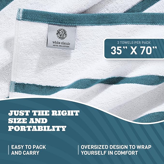 White Classic Cotton Pool Towels Oversized 35 x 70 Inches, Ultra Absorbent and Low Lint Striped Beach Towels for Adults, Stripes Design Luxury Extra Large Bath Towels, Light Blue, 3 Pack